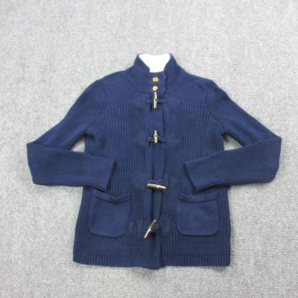 Vintage Ralph Lauren Cardigan Sweater Women Medium Blue Toggle Mock Neck Pockets